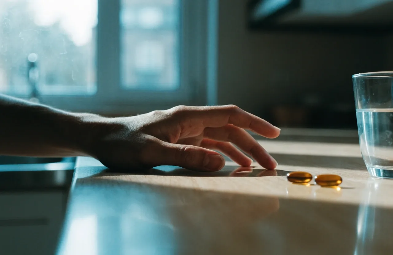 A hand holding two plain amber capsules next to a glass of water in cold daylight