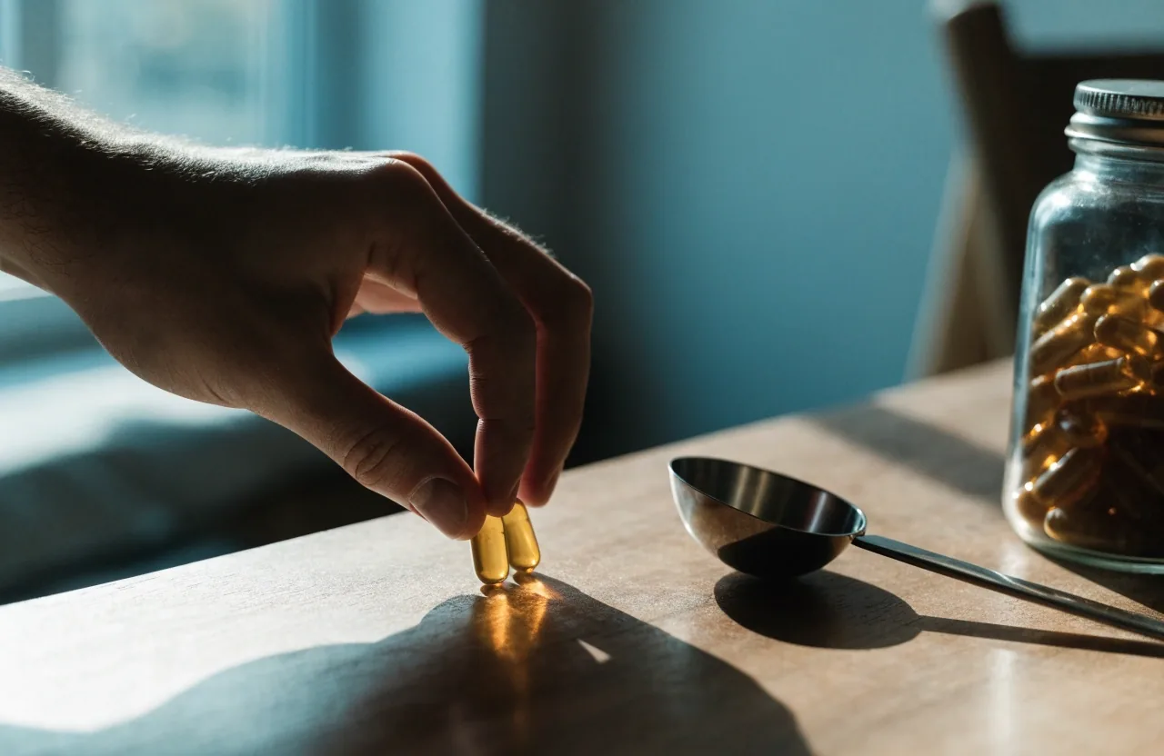 A hand palm-up holding two plain amber capsules in cold daylight against a warm wall