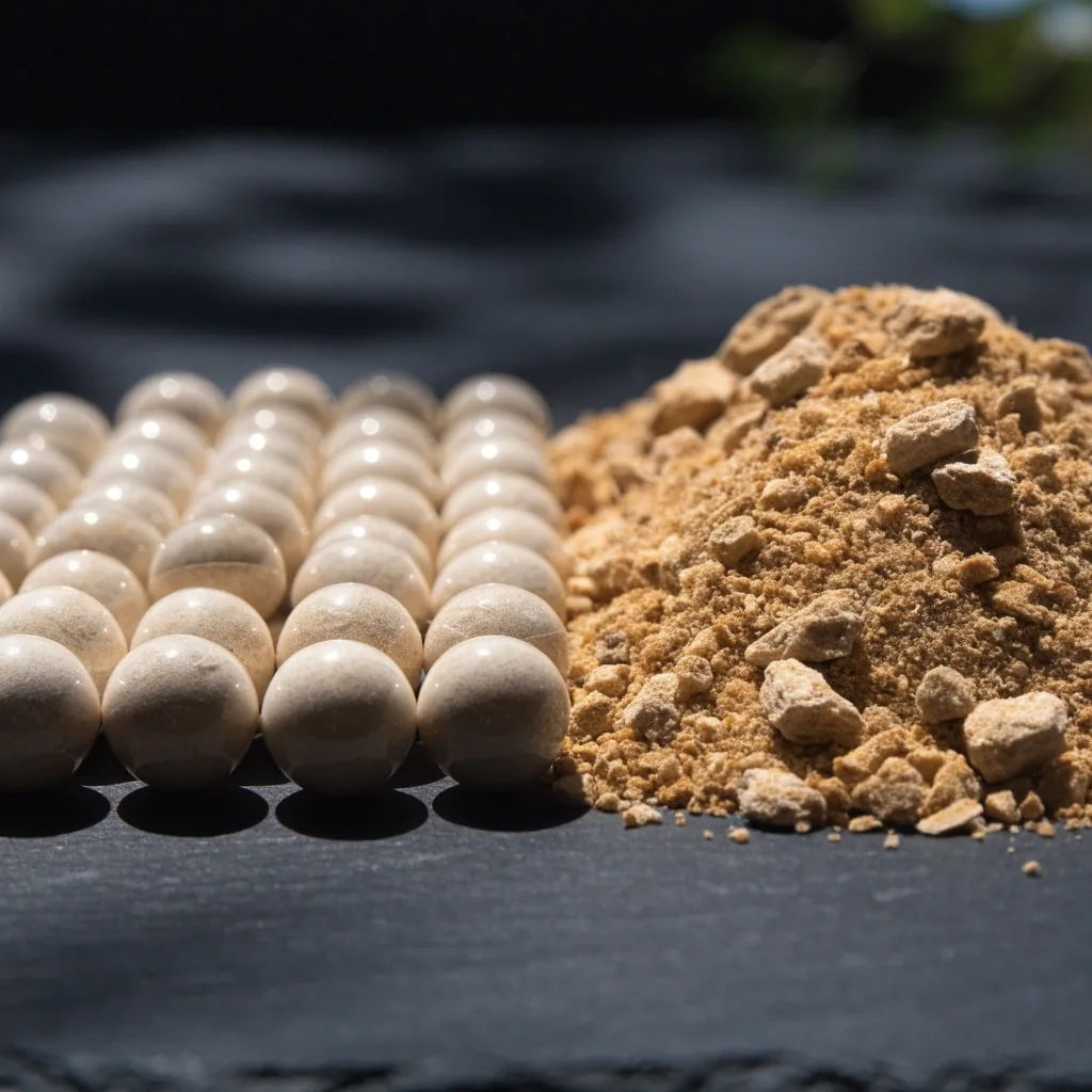 A row of loose matte capsules and coarse botanical root granules across a matte-black surface