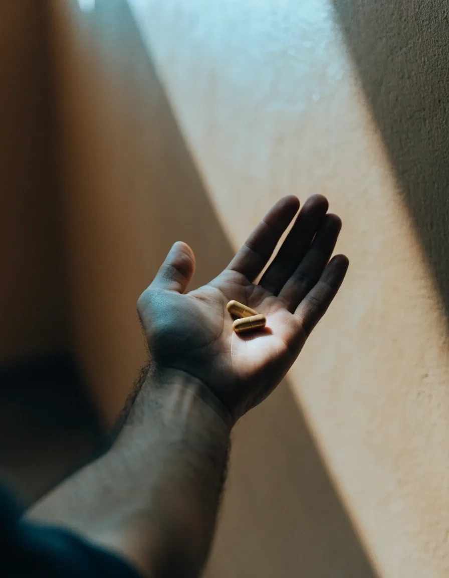 An open hand held palm-up against a warm plaster wall, holding two matte capsules
