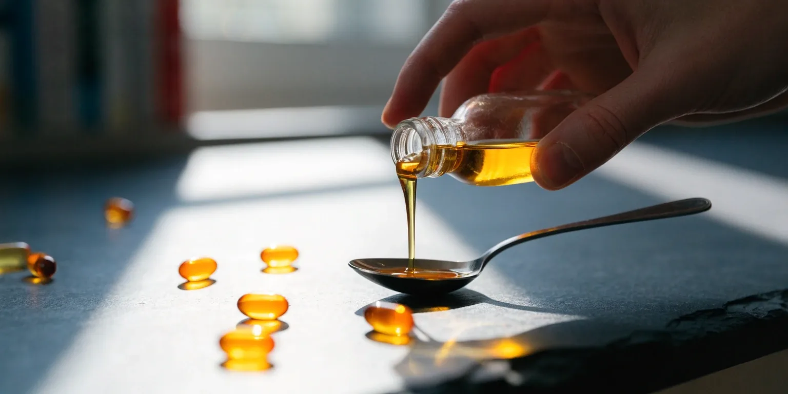 Two amber soft gel capsules and a glass of water on a matte-black slate surface in cold window light