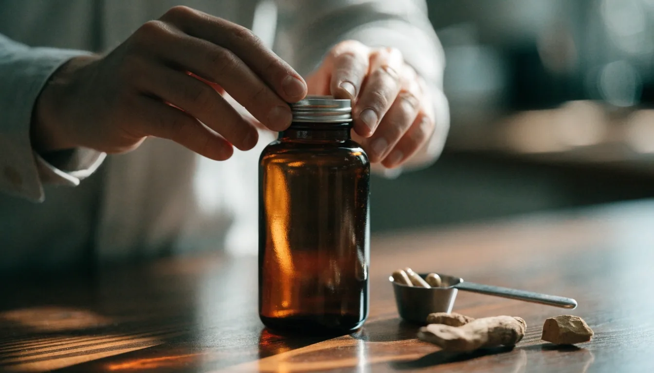 Unlabelled amber dropper bottle, steel scoop and loose capsules on a matte-black tabletop in cold morning light