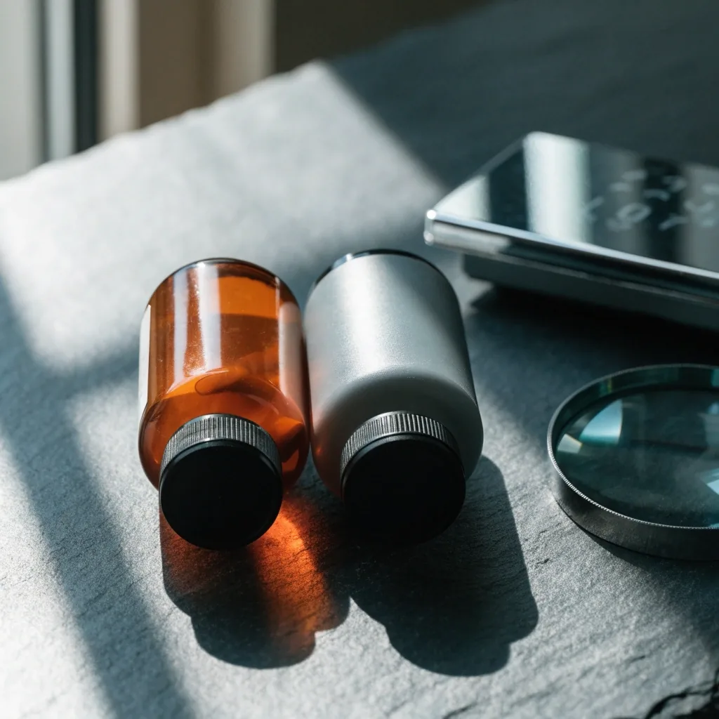 Unlabelled supplement bottle lying flat on a matte-black table with a magnifier beside it, label turned away