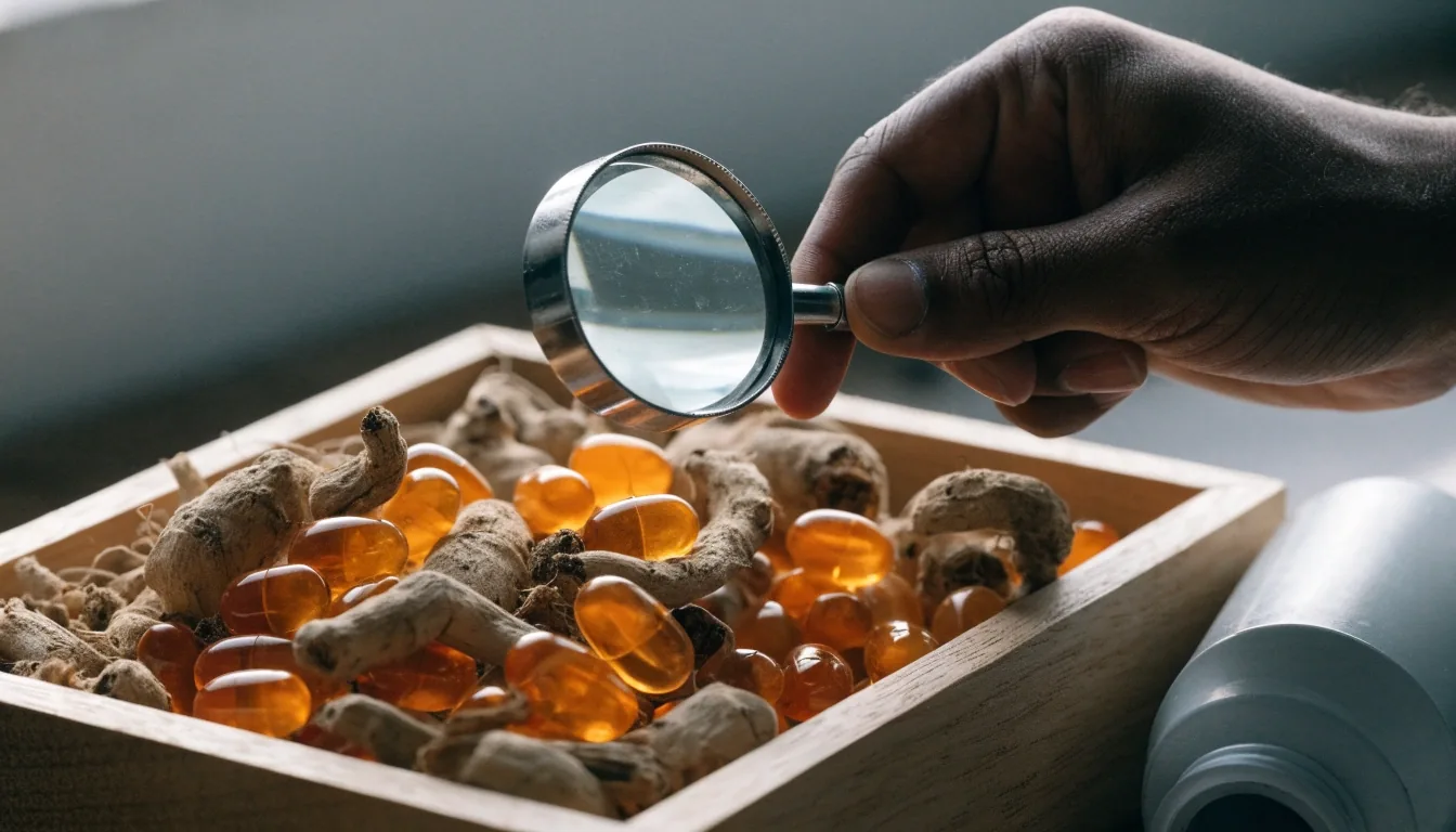 A matte-grey supplement bottle lying on a black table with a magnifier and loose capsules