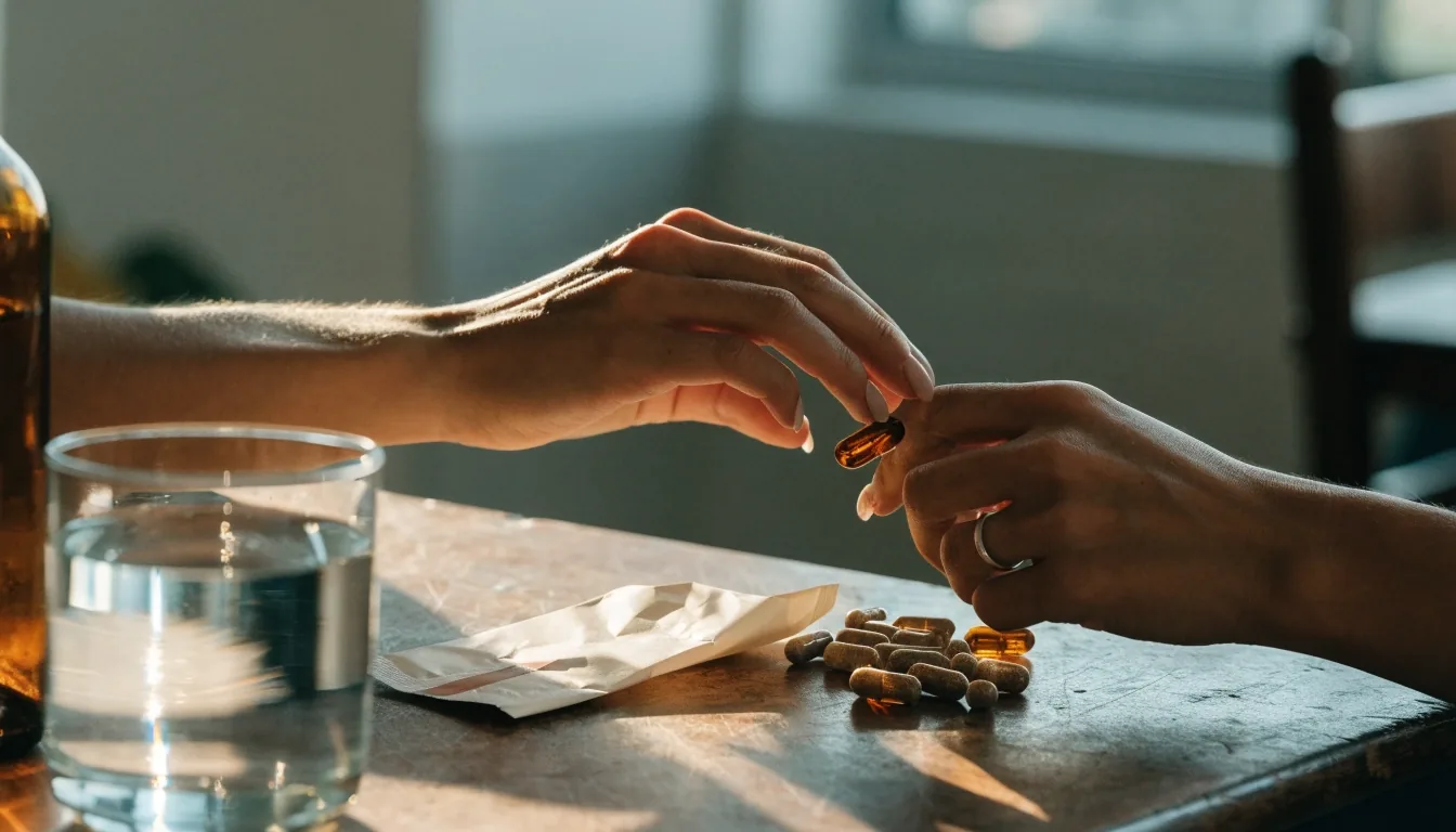 A hand holding three amber capsules over a matte-black tabletop in cold morning light