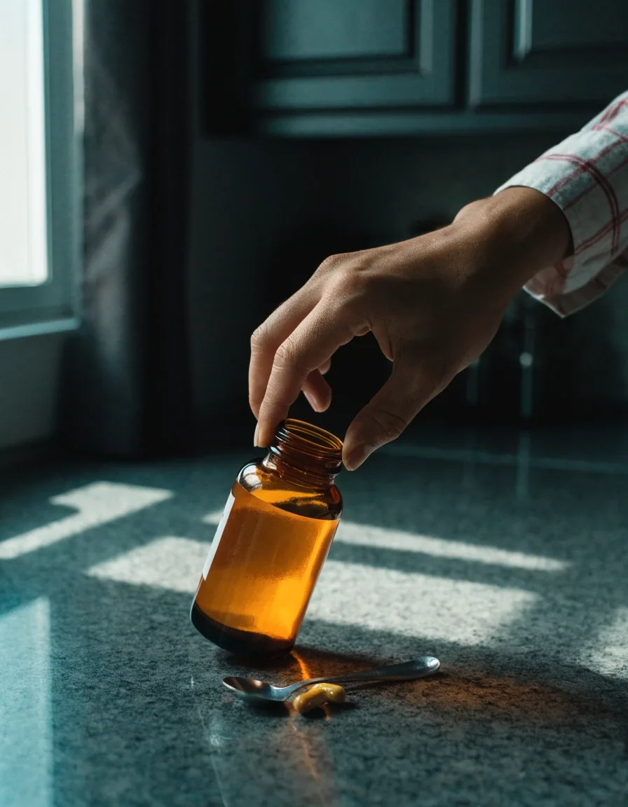 Unlabelled supplement bottle and magnifier on a dark tabletop, label turned away from the camera