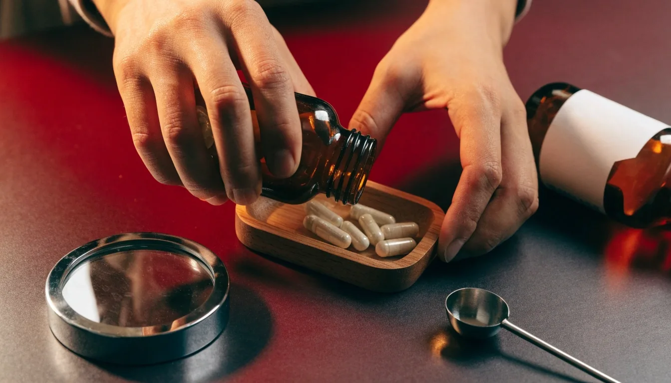 A generic supplement bottle lying flat on a matte-black table with a magnifier beside it, the label turned away from the camera.