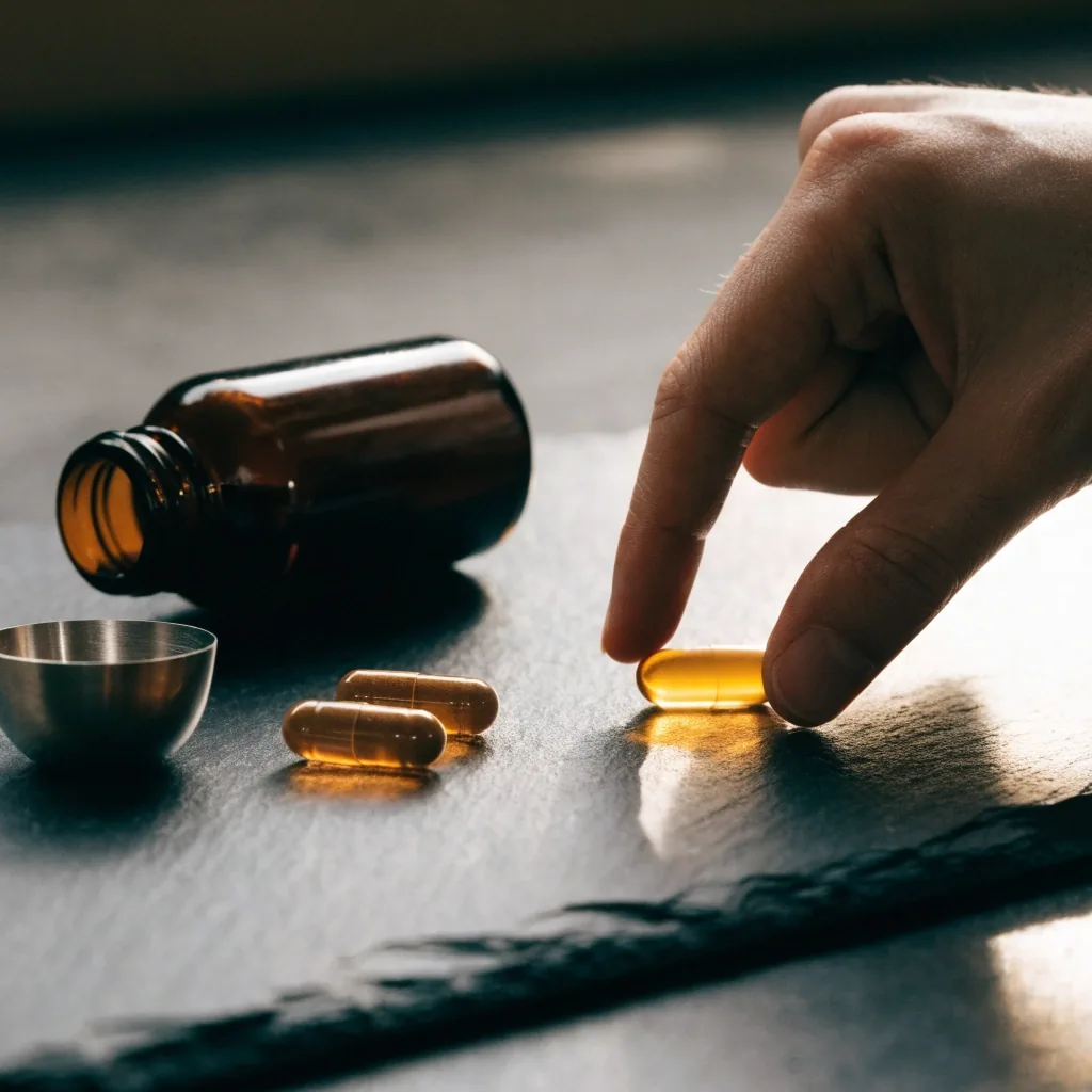 An amber dropper bottle beside a small steel scoop and three loose capsules on a matte-black table.