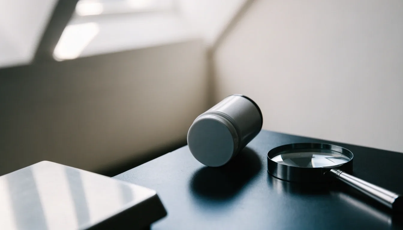 A plain supplement container lying label-down on a matte-black table with a magnifier resting beside it