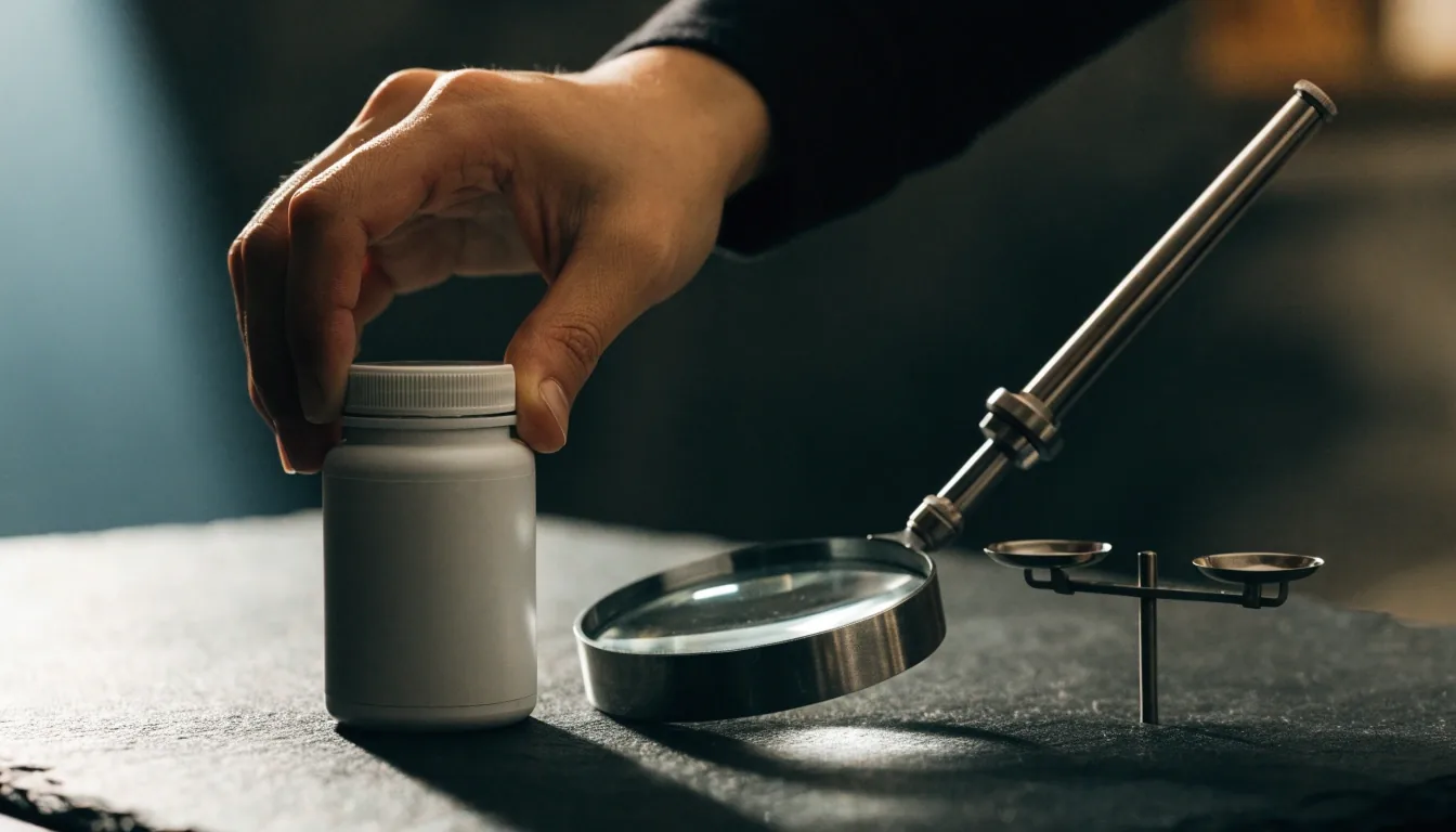 A supplement bottle turned label-away beside a magnifier on a black tabletop