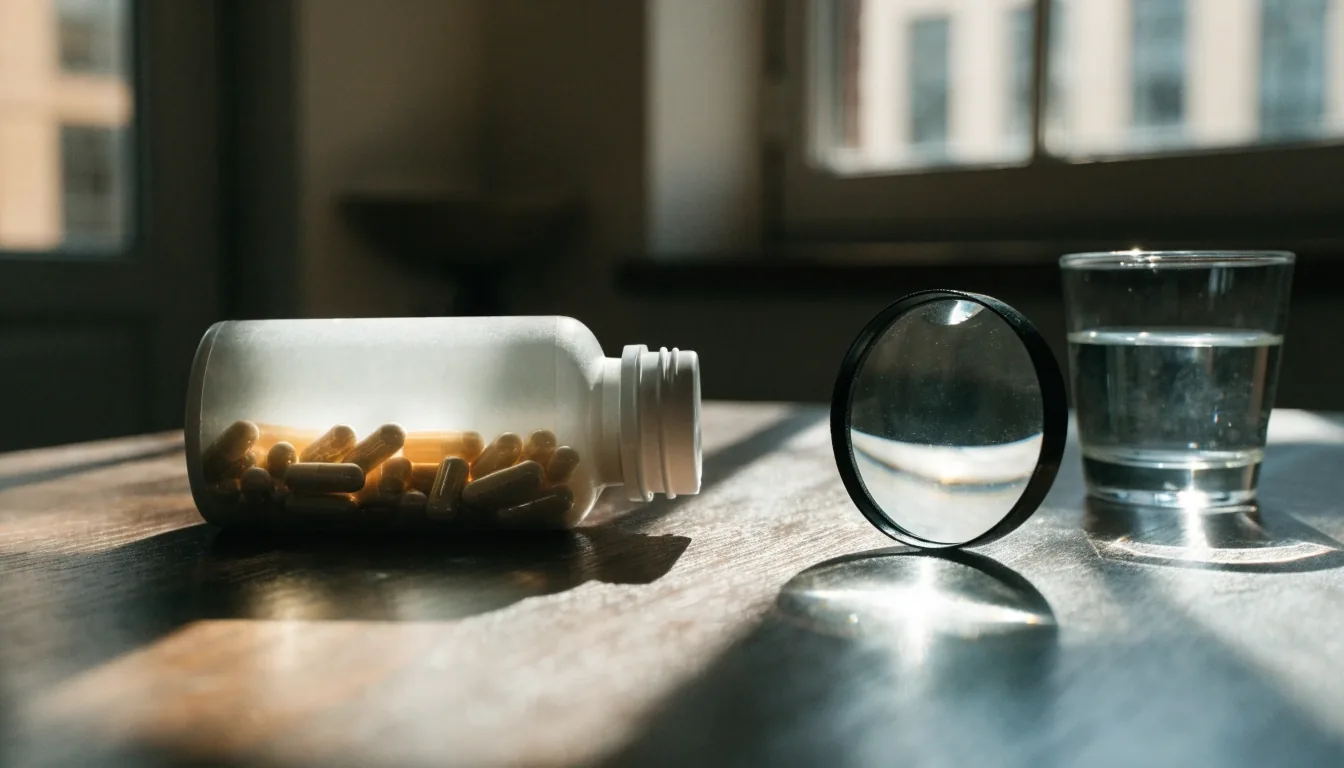 An unlabelled supplement bottle lying flat on a dark table beside a magnifier