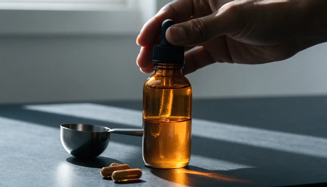 Amber glass capsules on a matte-black table beside a glass of water in cold morning light