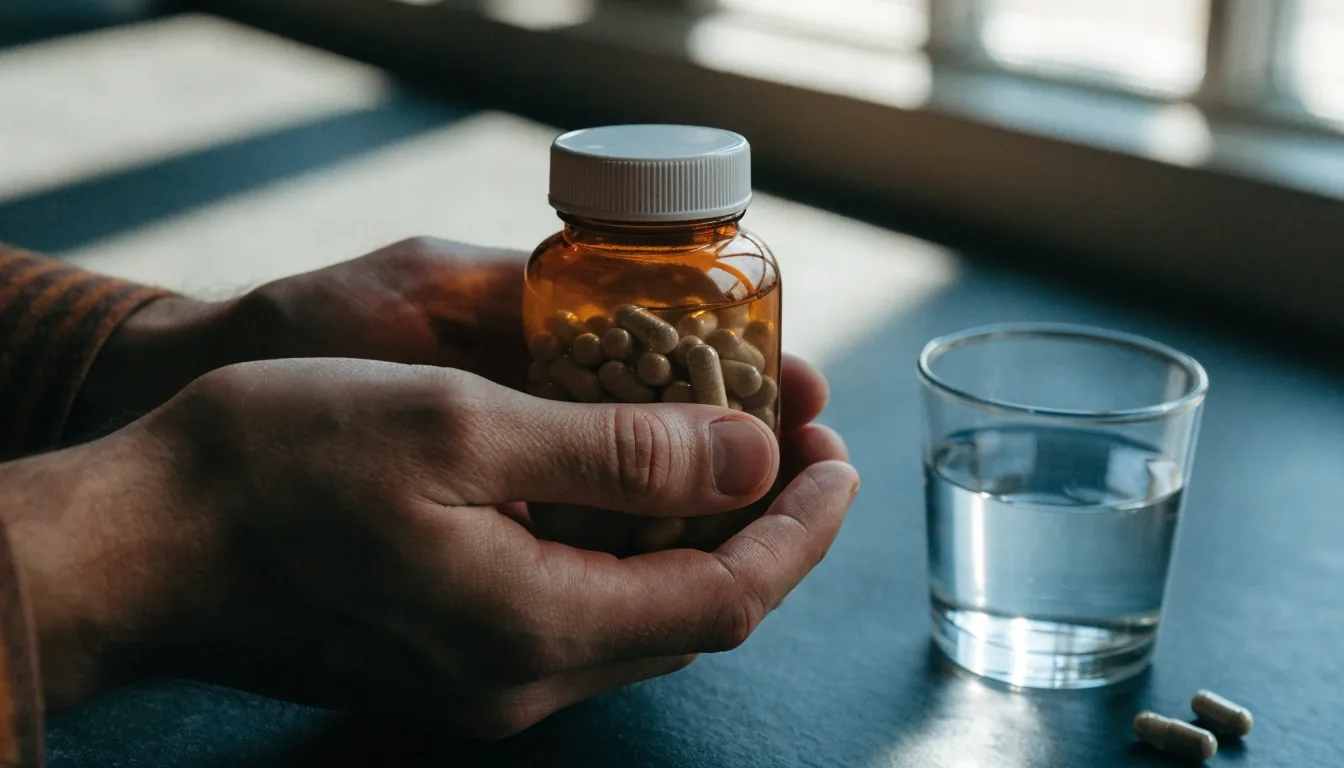 A plain supplement bottle and magnifier on a black table, label turned away from view