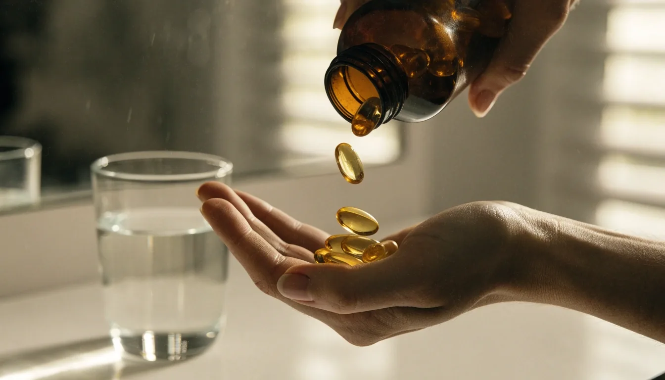 Amber glass capsules on a matte-black tabletop in cold morning light